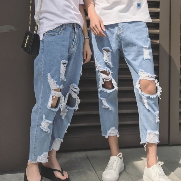 

2020 spring and autumn new youth popular couple solid color hole jeans fashion casual loose wild nine pants blue s-2xl