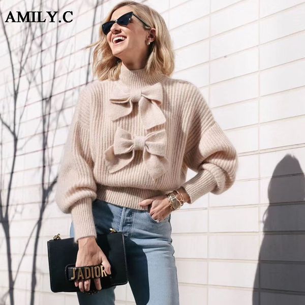

women's sweaters amily.c2021 autumn bow half-height neck solid color knit pullover sweater elegant celebrity club party, White;black