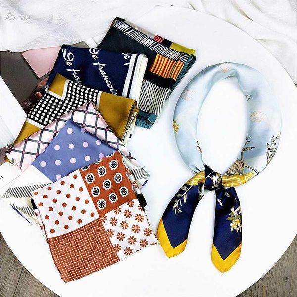 

aomu fashion 70*70cm square scarf hair tie band for date party women elegant small skinny head neck silk feel satin scarf, Blue;gray