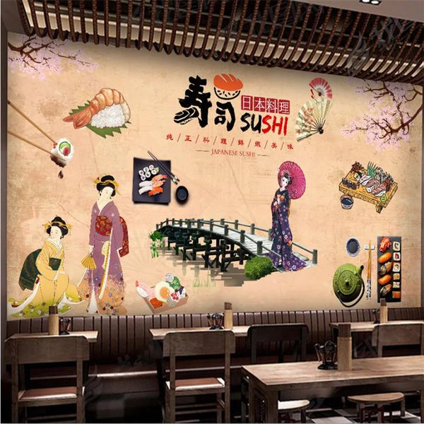 

nostalgic vintage japanese cuisine shop sushi restaurant industrial decor wall paper 3d warm yellow background mural wallpaper