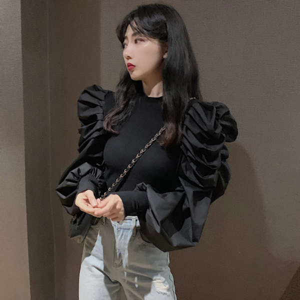 

women's sweaters korean fashion black pullovers half turtleneck long puff sleeve jumpers solid patchwork slim sweater women autumn db22, White;black