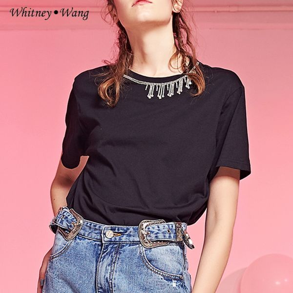 

whitney wang tshirt 2020 summer fashion streetwear diamonds tassel neck t-shirt women t shirt t shirt femme, White