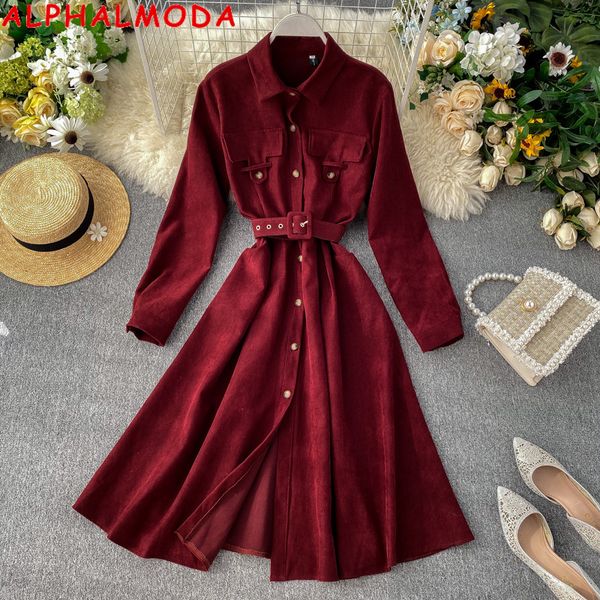 

alphalmoda fashion jacket dress women's autumn winter 2019 french retro medium belted long shirt dress solid chic outfit, Black;gray