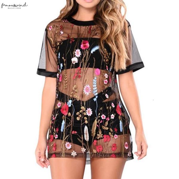 

lace mesh sheer embroidered dress floral short sleeve evening party dresschiffon transparent dress pencil polyester vestidos de festa, Black;gray