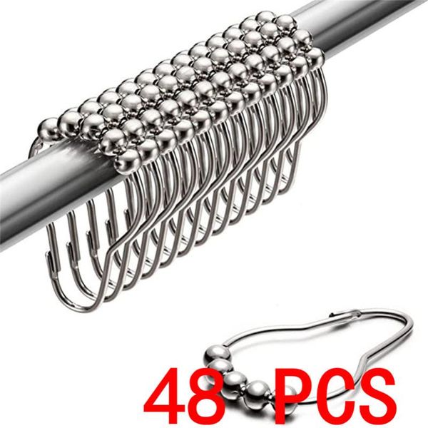 

new 48/36/24pcs/set polished satin nickel 5 roller ball shower curtain rings hooks curtain accessories bathroom supplies newest
