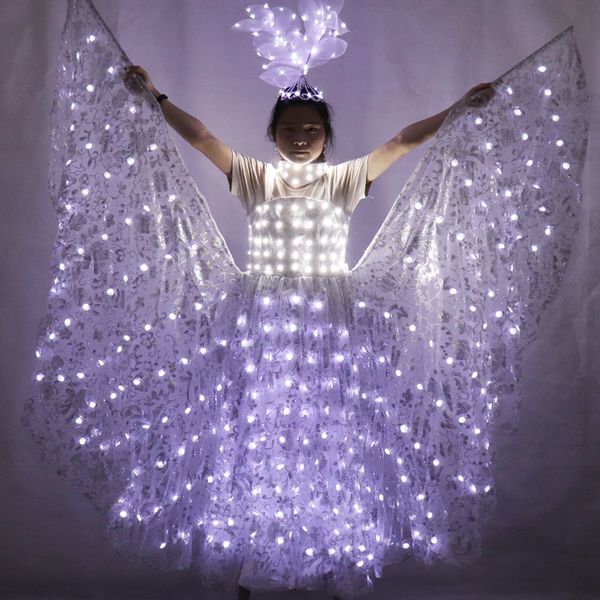 

самая новая оптовая цена белого цвета светодиодные свадебное платье производительность костюм большой крылья сексуальный сид свет бесплатная