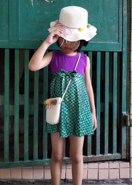 

kids girl summer dress for girls new children mermaid cartoon 906 2-11y, Red;yellow