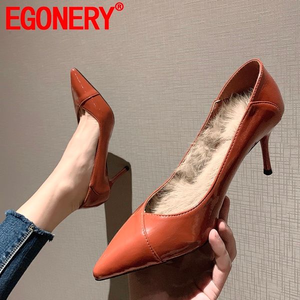 

egonery spring new fashion women shoes outside high heels pointed toe patent leather work women shoes drop shipping size 34-39, Black