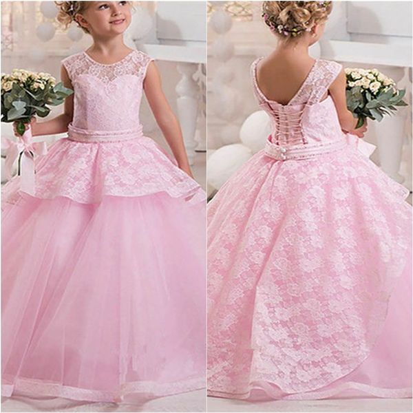 Moda Rosa Pizzo Applique Flower Girl Dresses Senza maniche Piano Lunghezza Girls Pageant Prima Comunione Abito da sposa da sposa