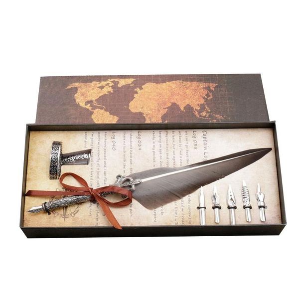 

q) 1set english calligraphy feather dip pen writing ink set stationery gift box with 5 nib wedding gift quill pen fountain