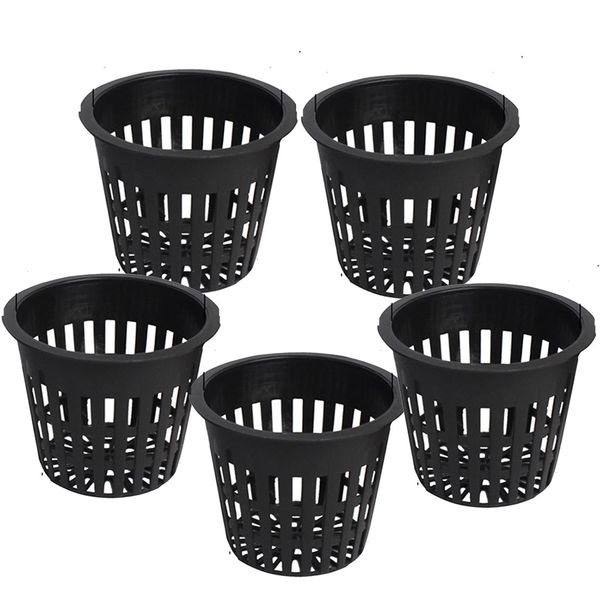

5 pack of net pots cups heavy duty round wide rim design - hydroponics aquaponics slotted mesh pot planting grow kits - black