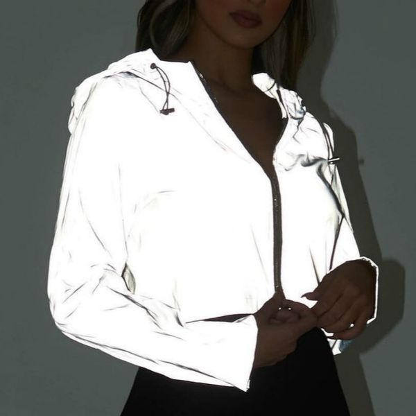

colorvalue reflective full zipper fitness sport cropped jacket women loose outdoor workout gym hooded coat windbreaker, Black;red
