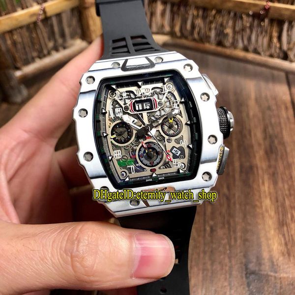

16 color rm11-03 mclaren skeleton big date dial carbon fibre case flyback chrono automatic 11-03 mens watch black rubber strap sport watches, Slivery;brown