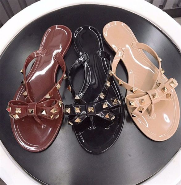 

women designer sandals rivets brands bow knot flat slippers sandal studded girl shoes cool beach jelly platform slides lady flip flops 35-41, Black