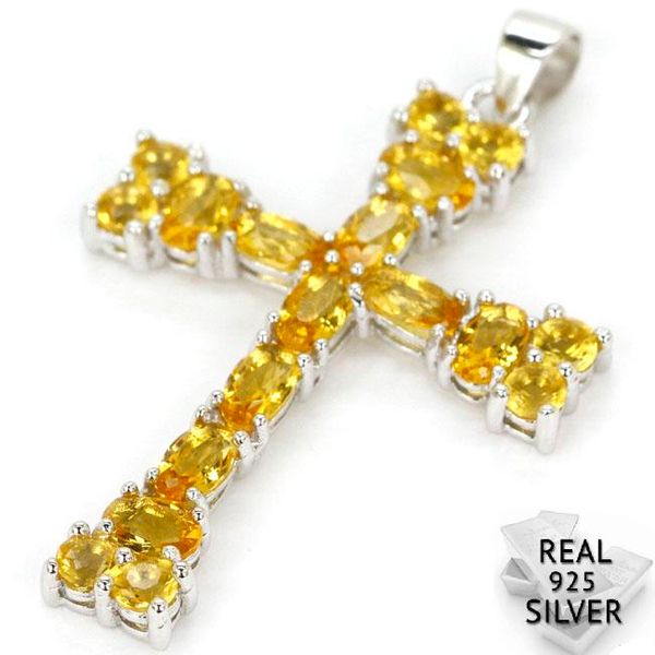 

42x26mm classic 3.0g cross golden citrine green amethyst real 925 solid sterling silver pendant
