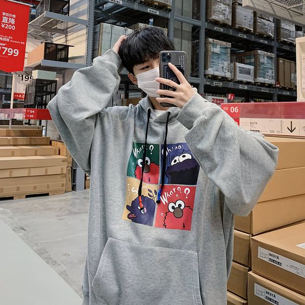 

tang mu cool 20 spring new style popular brand aberdeen cartoon printed hoodie men's couples casual pullover hoodie, Black