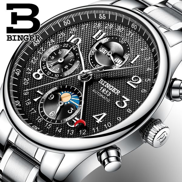 

2017 new binger men's watch multiple functions moon phase sapphire calendar mechanical wristwatches b-603-8 2, Slivery;brown