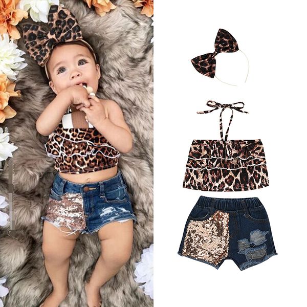 

children clothing suits summer fashion girls leopard outfits shirt and denim pants 2pcs clothes kid cool clothing sets, White