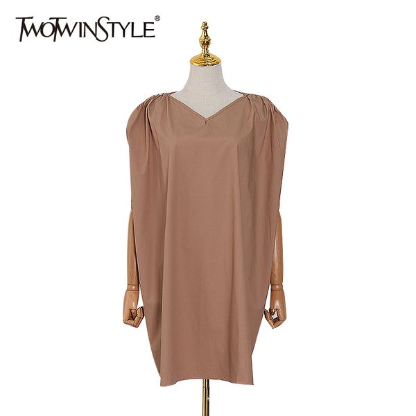 

twotwinstyle casual women dress v neck sleeveless loose ruched elegant midi dresses female clothing spring fashion 2020 tide, Black;gray