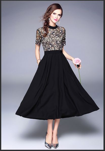 Европейский дизайн одежды Новая женская вышивка с коротким рукавом кружево цветочные лоскутные шифоны с высоким талией макси-платье плюс плюс размер