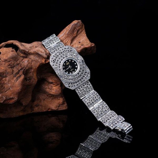 

new limited edition classic elegant s925 silver pure thai silver bracelet watches thailand process rhinestone bangle dropship, Slivery;brown