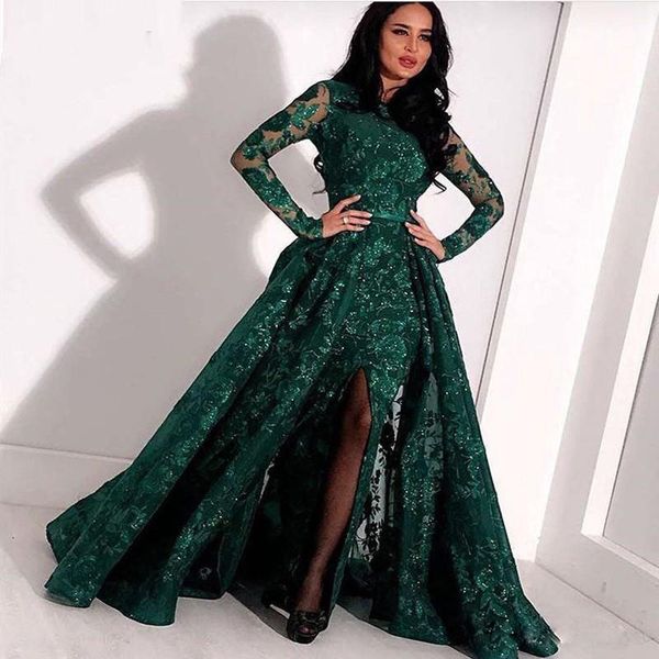 

Dark green a line evening dre e with detachable train front ide plit equined abrid prom dre jewel neck long leeve celebrity gown