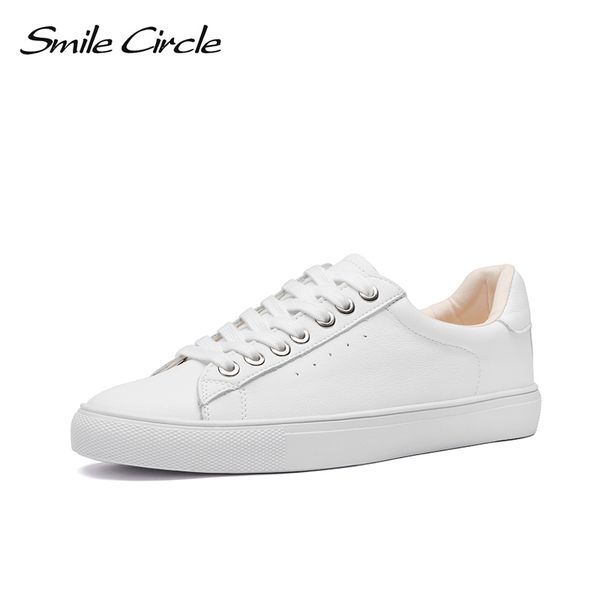 

smile circle white sneakers women genuine leather low-heel flat platform ladies lace-up fashion white shoes women size 36-42 y200424, Black