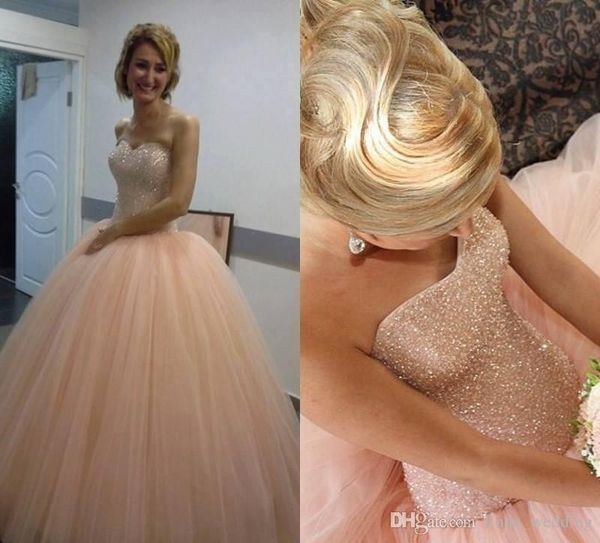 2019 Bling Blush Pink Quinceanera Dress Sweetheart Ball Gowns Tulle Sweet 16 Ages Long Girls Prom Party Pageant Gown Plus Size Custom Made