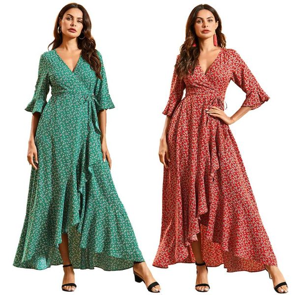 

summer women v-neck beach split dress wrap floral print boho short sleeve ruffle dresses holiday sundress fashion ladies dress, White;black