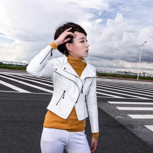 

2020 ladies' leather jackets black short pu faux leather stand collar white fashion coat motorcycle jackets 16b1619