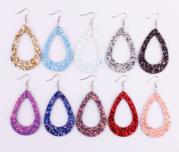

bohemia style rainbow glitter cut out teardrop frame pu leather earrings 2018 summer fashion glitter water drop leather statement earrings