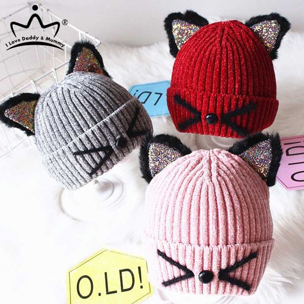 

cartoon knit baby beanie cute sequins cat ear baby boy girl hat cap spring winter warm children hats, Yellow