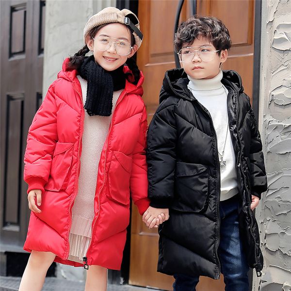 

winter New Children Down Cotton Parkas Girls Long Section Thickening Warm Jackets boys Casual Hooded Jacket Coat, Black