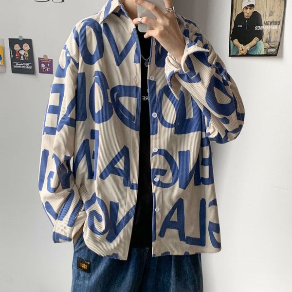 

men's casual shirts autumn corduroy shirt fashion letter mens streetwear wild loose pleated long-sleeved men -4xl, White;black