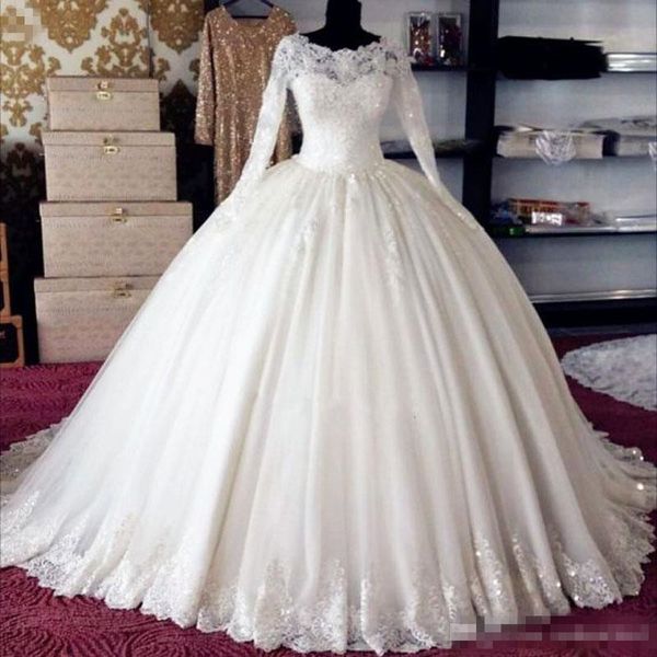 Discount White Tulle Long Sleeves Wedding Ball Gown Puffy Princess