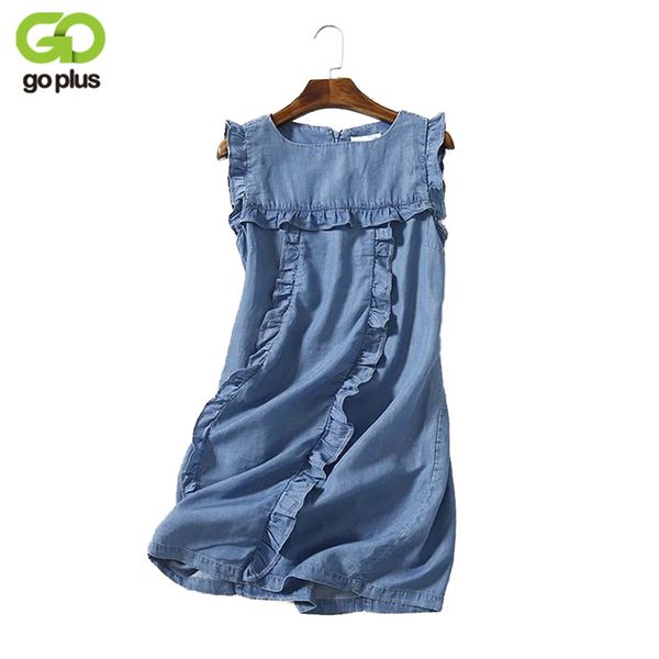 

goplus new summer sleeveless tencel denim dress women o-neck ruffles party dress vintage plus size dresses casual vestidos, White;black