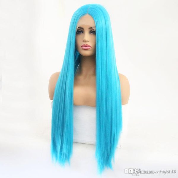 

26 inch long straight hair middle part synthetic lace front wig blue wig for women heat resistant wigs with baby hair knhj21, Black