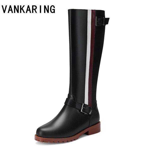 

autumn winter boots woman leather knee high boots zapatos mujer low heel platform vintage riding plus size chaussure femme, Black