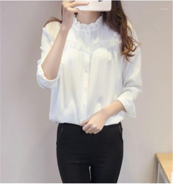 

sleeved ruffled collar shirts panelled formal female pure color clothing spring womens designer shirts long, White