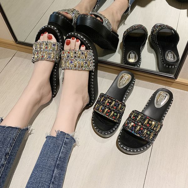 

shoes woman 2020 woman's slippers slides platform med on a wedge jelly flip flops loafers new summer glitter, Black