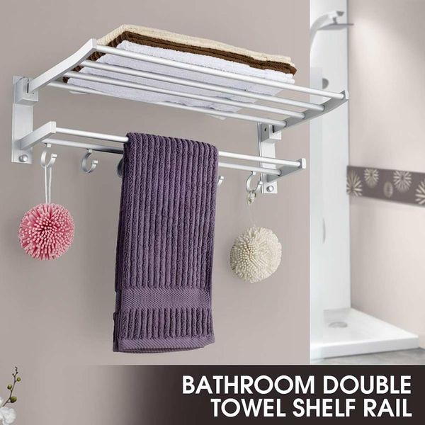 

2 layer alumimum foldable bathroom towel rack holder storage hanger wall mounted kitchen l towel clothes shelf with 5 hooks
