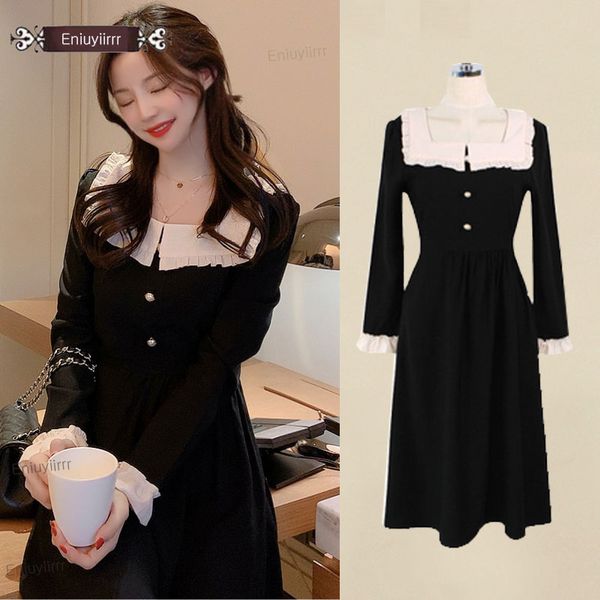 

2020 весна осень основные длинные платья женщины eniuyiirrr корейский японский стиль пэчворк кнопка элегантный винтаж черное платье e219, Black;gray