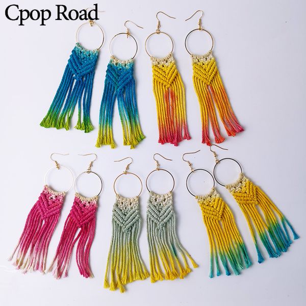 

cpop colorful cotton thread weave macrame earrings geometric hollow circle long tassel pendant earring women accessories jewelry, Silver