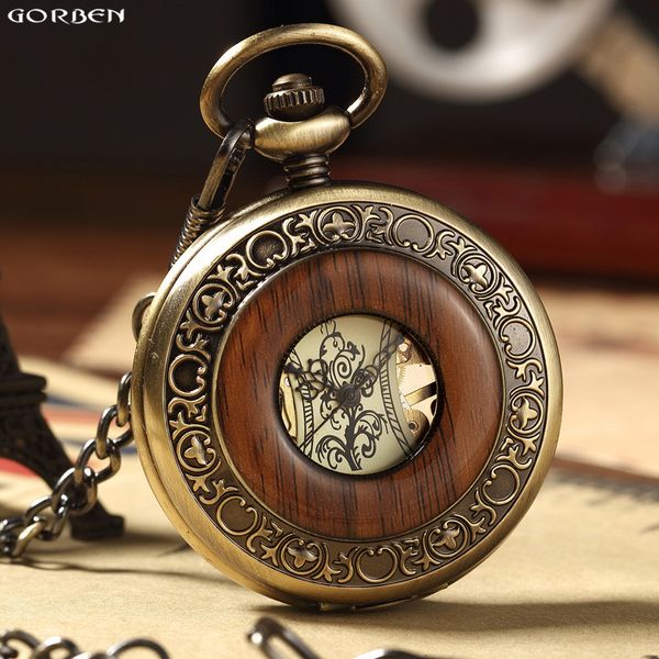 

retro wood circle skeleton pocket watch men women mechanical hand-winding vintage roman numerals necklace steampunk watch, Slivery;golden