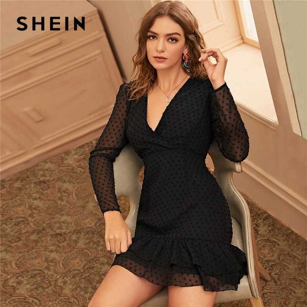 

shein black swiss dot surplice front ruffle hem mesh dress women spring summer high waist v-neck a line elegant short dresses, Black;gray