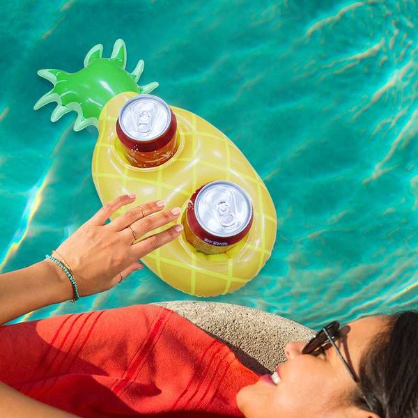 

creative inflatable drink cup holders large 2 holes pineapple fruits water floating drink coke holder swimming pool accessories
