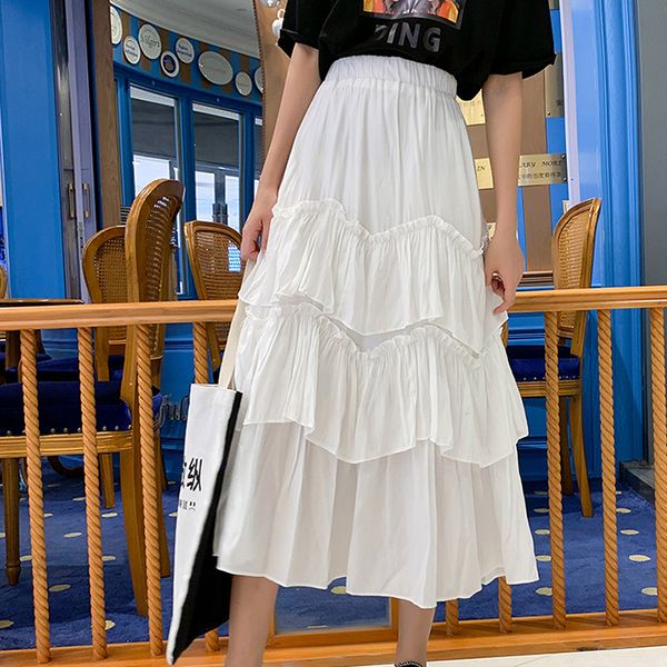 

2020 black white fashion korean ruffle midi skirt long a-line runway skater women casual spring summer high waist skirts female
