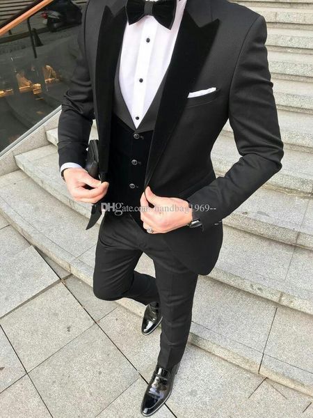 

new design one button black groom tuxedos peak velvet lapel groomsmen mens suits wedding prom dinner blazer jacket pants vest tie286w, Black;gray