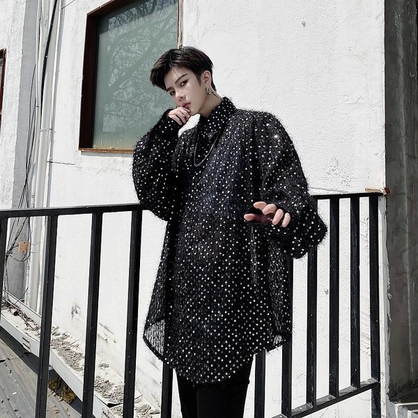 

men dot tassel long sleeve casual see through thin shirt male women japan karajuku streetwear loose black white shirts, White;black