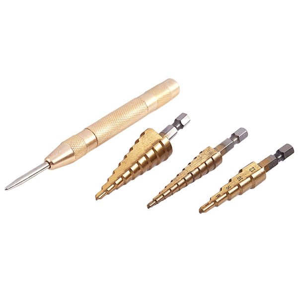 

3 pcs hss titanium step drill bit set & 1 pcs automatic center punch